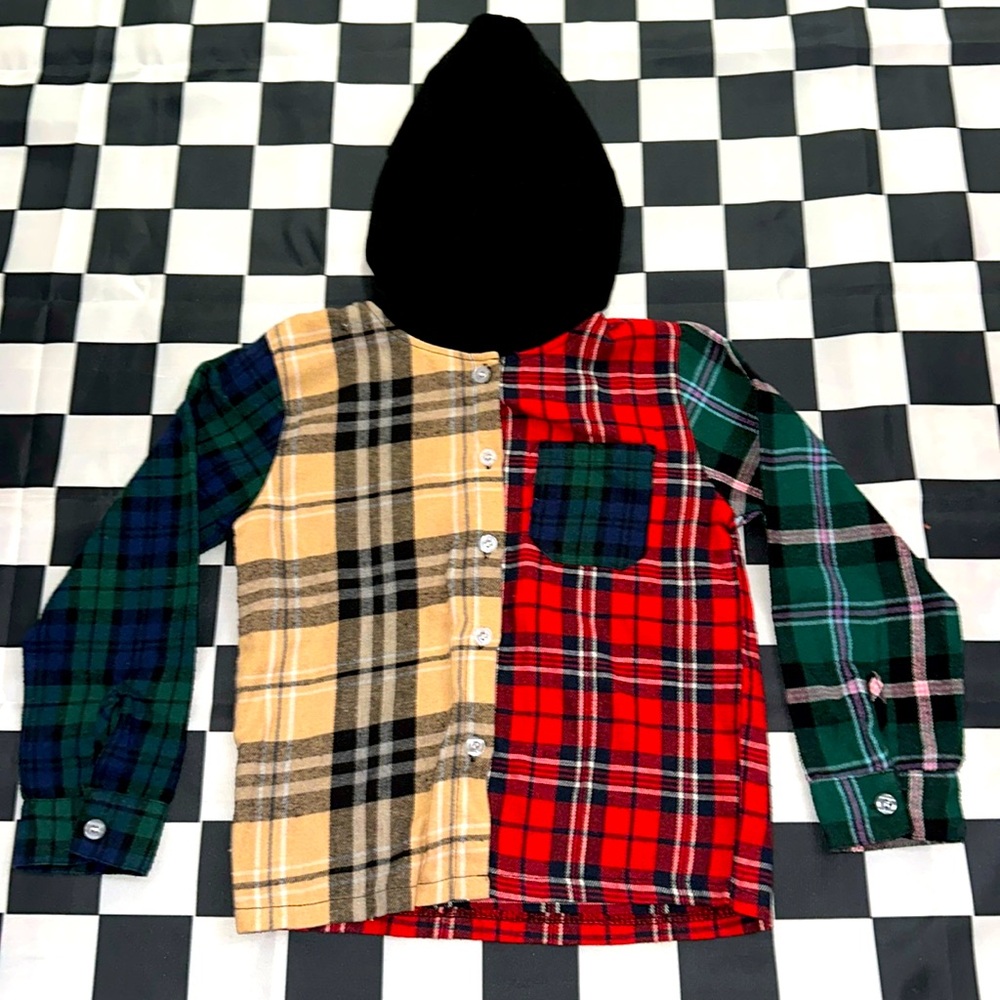 Boys Color Block 90’s Kid Stylish Plaid Button Down Flannel w/ Hoodie 6-7